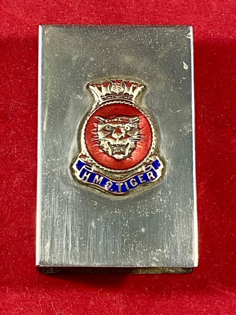 WW1 Period Nickel Plated Metal Matchbox Cover with Brass and Enamel Insignia for HMS TIGER