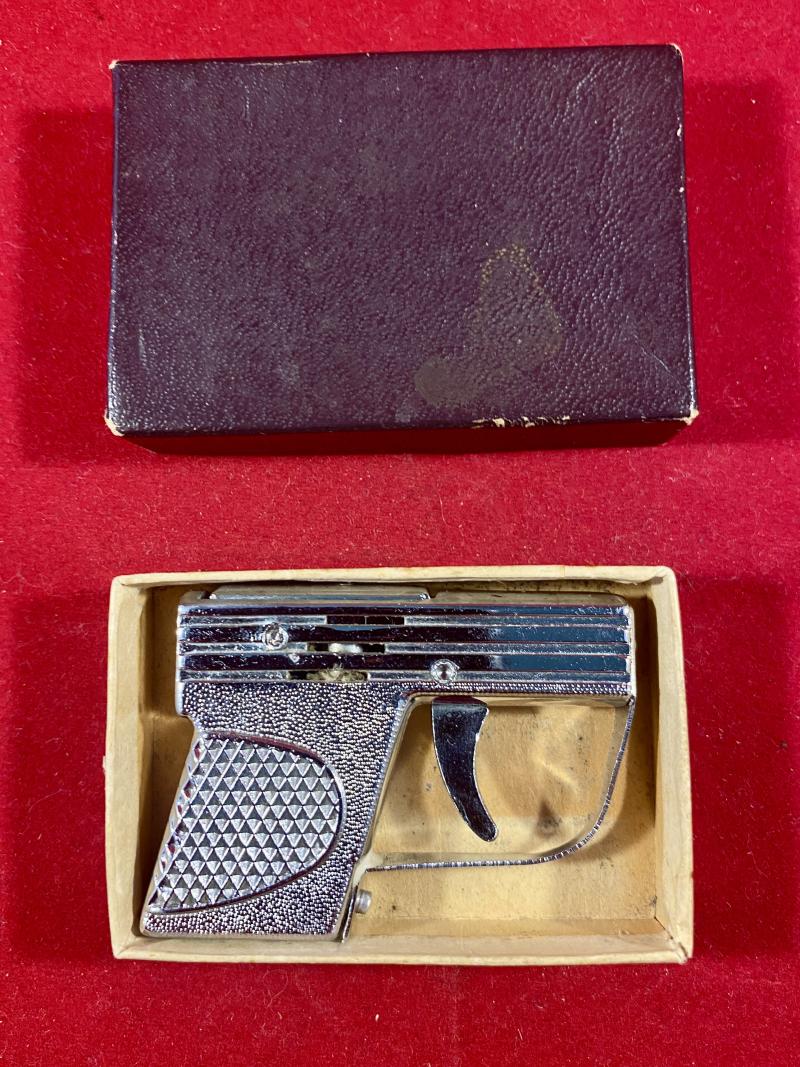 MINT Vintage Japanese Chrome Plated PISTOL Shaped Petrol Lighter with Box
