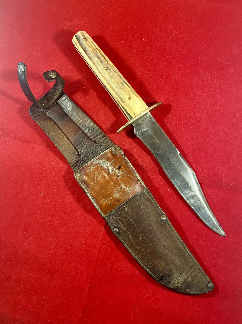 Antique I*XL GEORGE WOSTENHOLM Stag Handled Bowie Knife with Original Leather Sheath c 1890