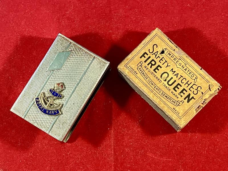 WW1 Period Nickel Plated Metal Matchbox Cover with Brass and Enamel Anchor for the ROYAL NAVY