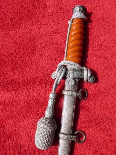 Rare Near Mint WW2 German Army Officers Dagger with Double-Etched Nickel-Plated Blade & Glass-Like Orange Grip & Portepee by F.W. HOLLER