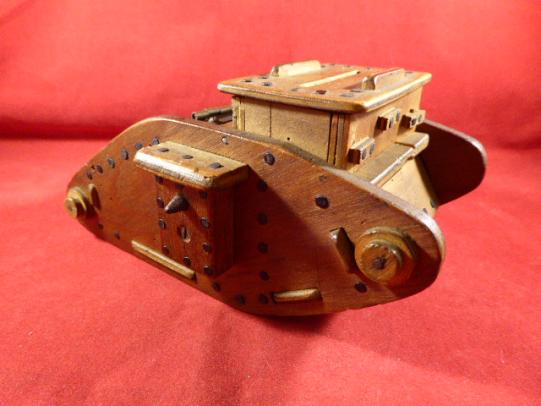 Rare British WW1 Trench Art “Male” Mark IV Wooden Model Tank Moneybox