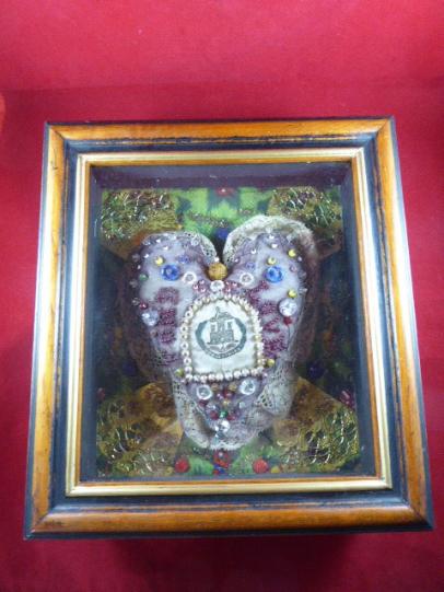 Framed Victorian Period Heart-Shaped Sweetheart Pincushion with the emblem for The Dorsetshire Regiment