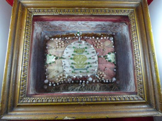 Framed Victorian Period Rectangular-Shaped Sweetheart Pincushion with the emblem for the 7th (Queen’s Own) Hussars