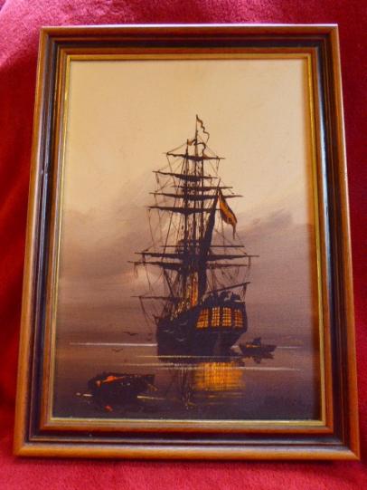 Beautiful Les ‘JASON’ Spence - Oil on Canvas Painting of a Masted Ship at Rest on the Sea at Dusk