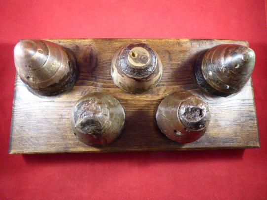 5 INERT Relic WW1 British Brass Fuse Heads from the SOMME Battlefields Mounted on an Oak Base