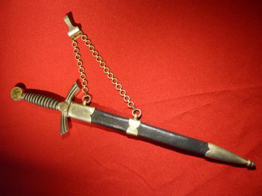 Rare DLV Officers Dagger with Original Leather Covered Scabbard and Hanging Chain by SMF - Unit Marked 109