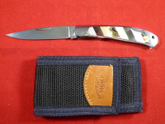 MOKI Lock Back Knife with a Beautiful White Pearl & Abalone Shell Inlayed Handle with Black Canvas & Leather Pouch. Circa 1999