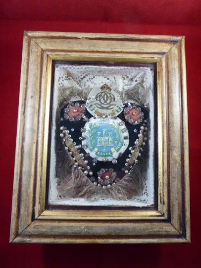 Framed Victorian Period Heart-Shaped Sweetheart Pincushion with the Emblem for the 7th Hussars & Essex Regiment