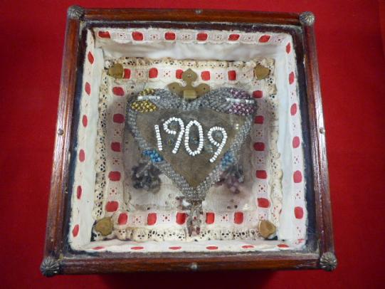 Framed Edwardian Period Heart-Shaped Sweetheart Pincushion – “1909”