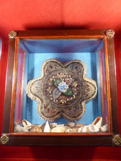 Framed Victorian Period Star-Shaped Sweetheart Pincushion with Seashells