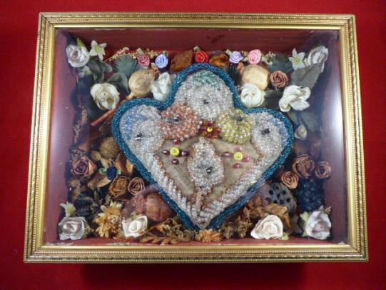 Framed Victorian Period Sweetheart Pincushion with a Floral Design