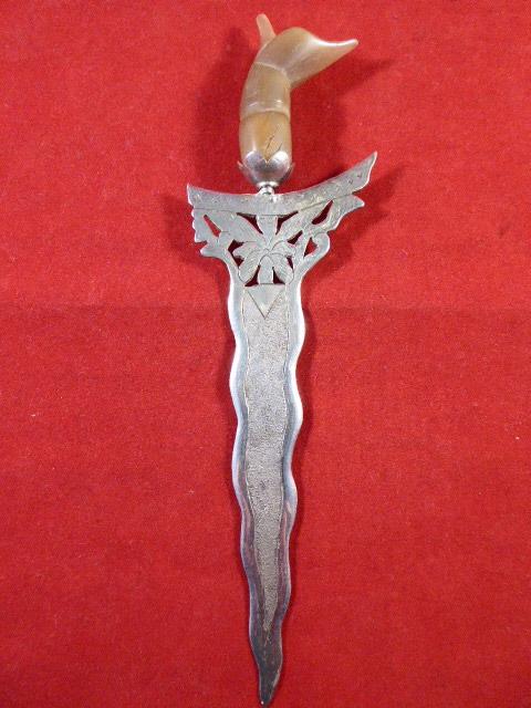 Vintage Javanese Solid Silver Miniature Kris Dagger Letter Opener with Engraved Blade and Horn Grip