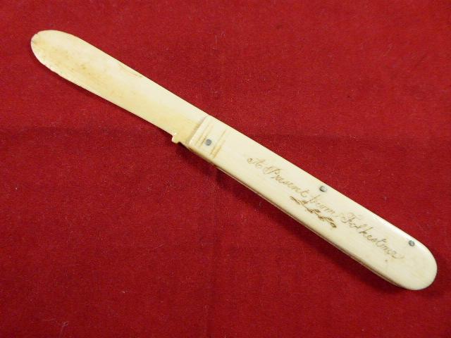 Unusual Antique English made Bone Construction Fruit Knife “A Present from Folkestone” c1880