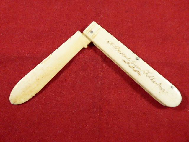 Unusual Antique English made Bone Construction Fruit Knife “A Present from Folkestone” c1880