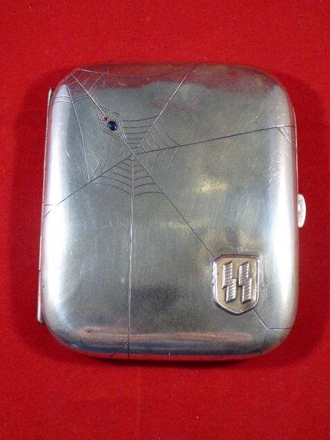 FANTASY WW2 SS Cigarette Case with fake SS emblem – Real Case is made from Alpacca Silver by Robert Kraft Depicting a Spider in its Web