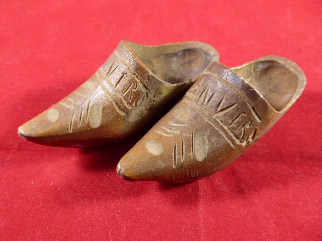 WW1 Dated & “Named” Pair of Miniature Wooden Clogs from ANVERS (Antwerp) Belgium