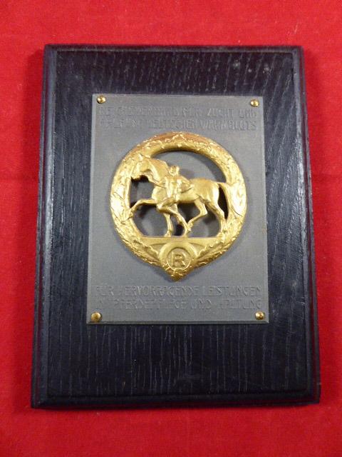 Rare Third Reich Non-Potable GOLD Award for the Care of Horses - Mounted on a Wooden Plaque