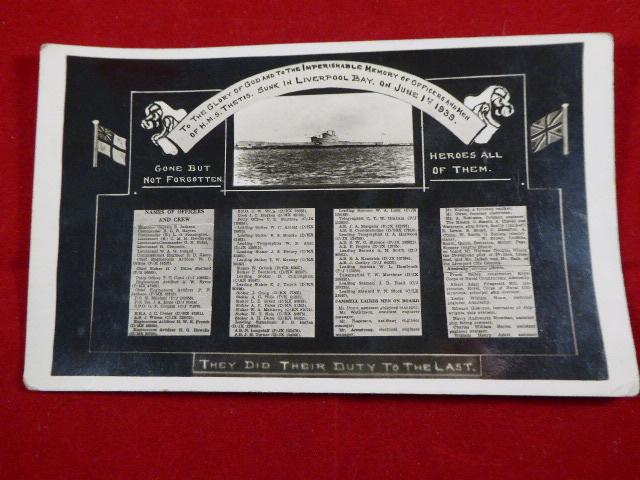 Royal Navy Submarine H.M.S. THETIS Memoriam Photo Card - Sunk in Liverpool Bay on 1st June 1939