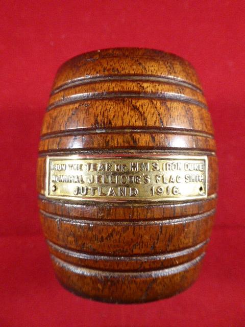 Large Size WW1 Teak Barrel Match Holder made from Wood of H.M.S. Iron Duke – Jellicoe’s Flagship - Jutland 1916