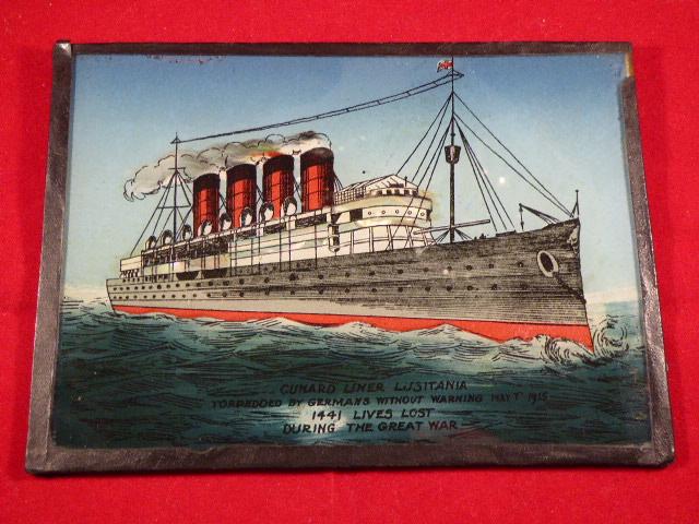 Reverse Glass Painted Picture of RMS LUSITANIA Memorialising Her Sinking in WW1 1915 by a German U-Boat