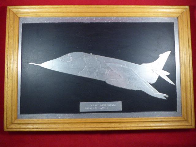 Framed Presentation Picture of a BAE Harrier Jump Jet in Aluminium circa 1980