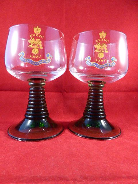 Fine Pair of Commemorative Glass Goblets that Relate to The Royal Hampshire Regiment Formation in 1881