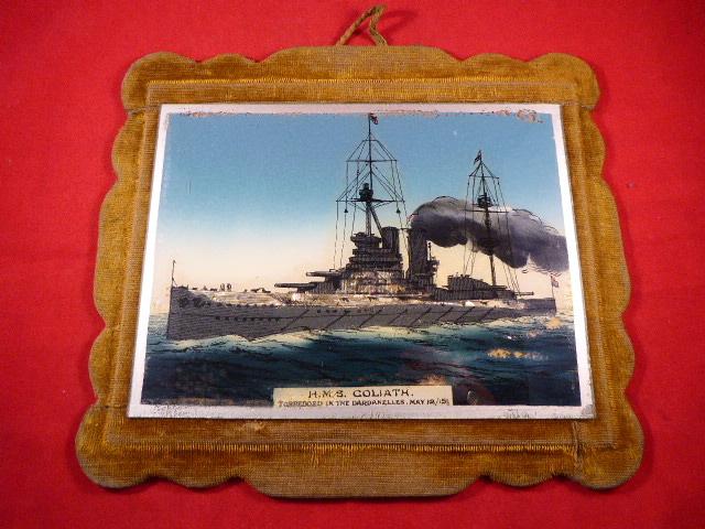 Reverse Glass Painted Picture of H.M.S. GOLIATH Memorialising her sinking in the Dardanelles 12th May 1915 during WW1