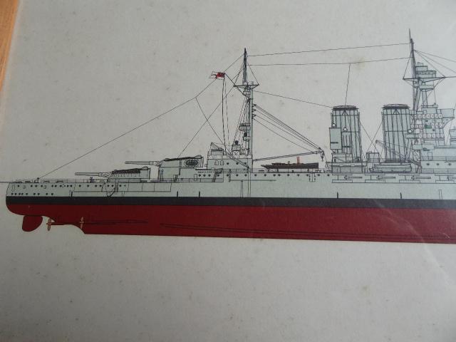 WW1 framed coloured print of the Royal Navy Battleship, H.M.S. Queen Elizabeth 1915