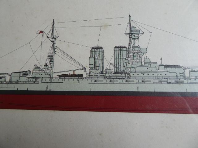 WW1 framed coloured print of the Royal Navy Battleship, H.M.S. Queen Elizabeth 1915