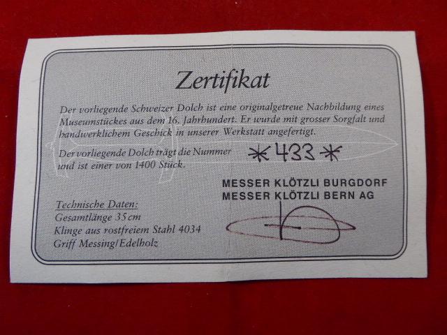 Cased Limited Edition Replica 16th Century Swiss Dagger by KLÖTZLI of Burgdorf, Bern, Switzerland 1991