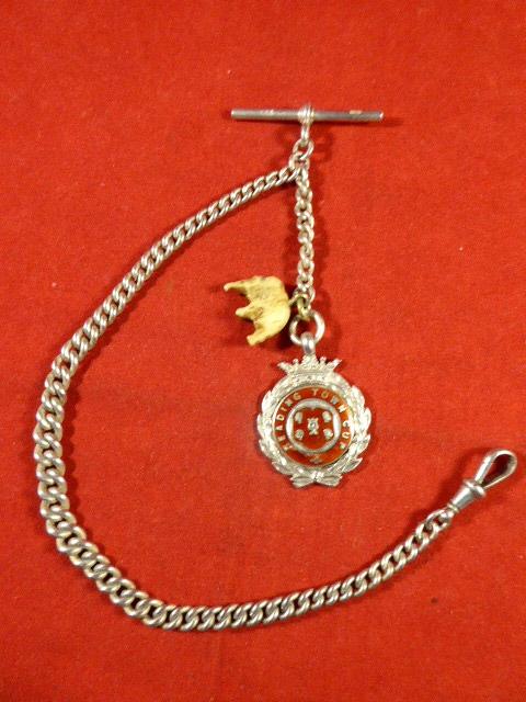 Antique Silver Graduated Albert Pocket Watch Chain with a “Reading Town Cup” Fob by William Hair Haseler & Tiny Bone Elephant Charm