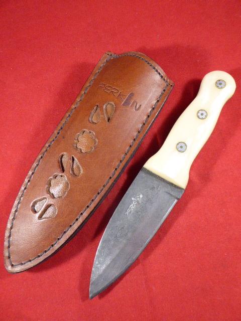Vintage PERKIN Special Edition Damascus Collector's Hunting Knife with Leather Sheath