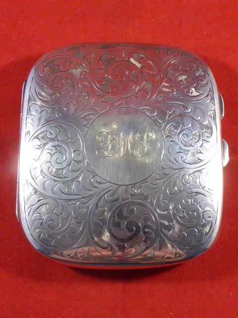 Stunning Antique Silver Plated Domed Cigarette Case with Scrolling Designs and Faux Tortoiseshell Interior by J.C.Ltd