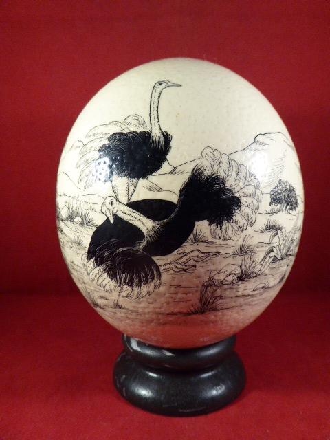 Collectors Ostrich Egg with the Image of Two Ostriches on the African Plain - Hand Drawn by Hugh Dill 1998