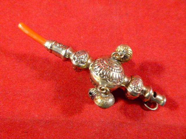 Antique Continental Silver & Coral Child's Soother with Bells/Rattle and Whistle