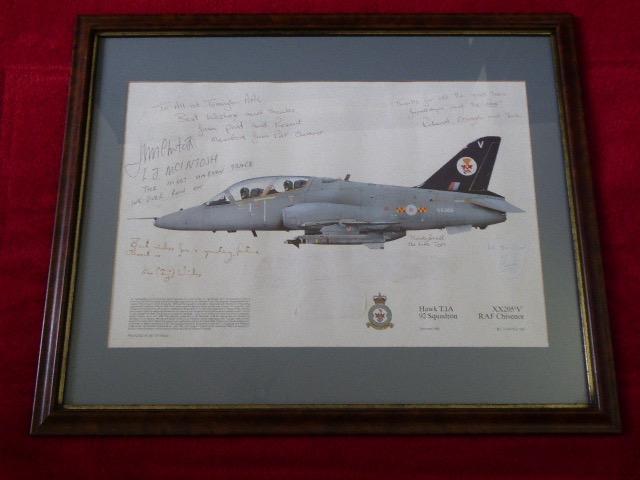 Unique Framed Litho Print of a RAF Hawk T.1A ‘XX205’ from 92 Squadron, RAF Chivenor, Signed by Members of the Squadron c1992