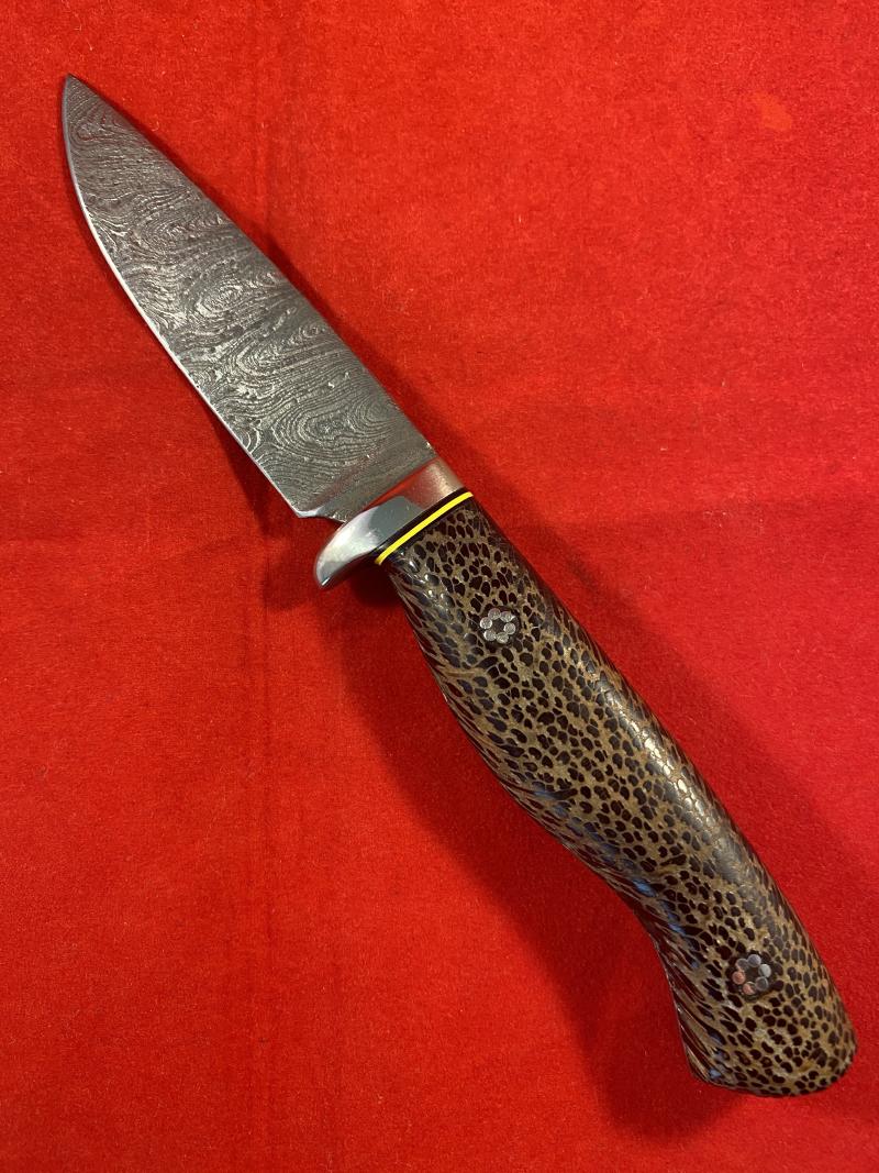 Full Size Custom Damascus Hunting Knife with a Black Palm Wood Handle by Terry Kranning