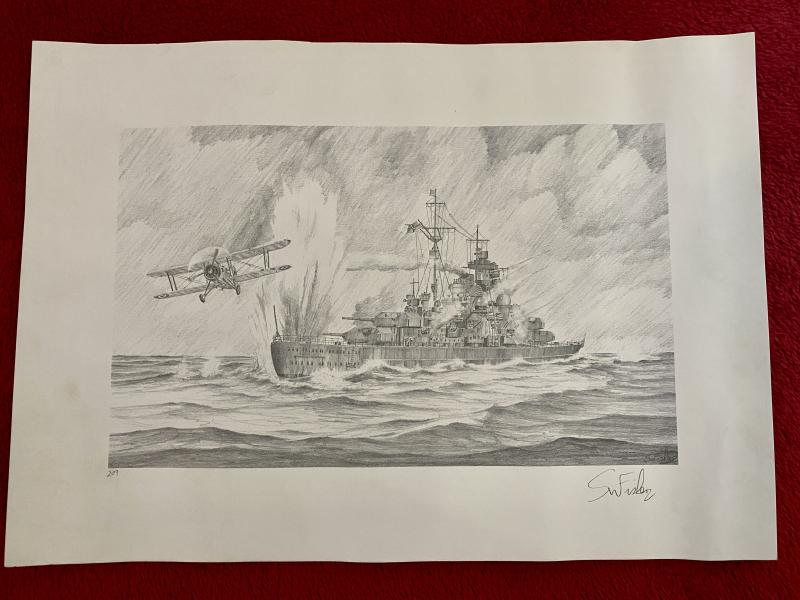 Limited Edition Print by Simon Fisher of the WW2 German Battleship Bismarck being Torpedo Bombed by a R.N. Swordfish