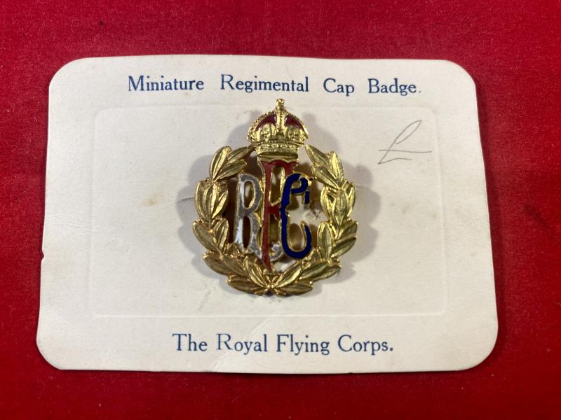 Gilt Metal and Enamel - WW1 Royal Flying Corps (RFC) Miniature Regimental Cap Badge on Original Card