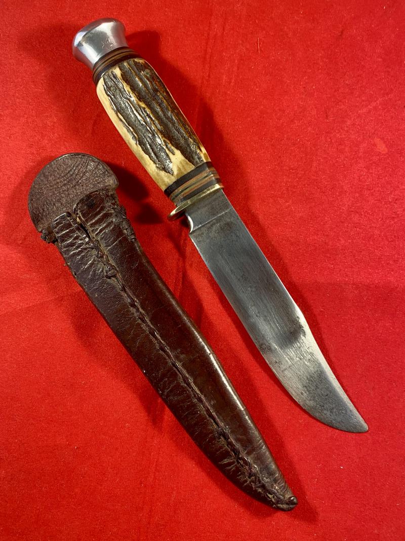 WW2 Period English Stag Handled Boot Knife with Leather Sheath