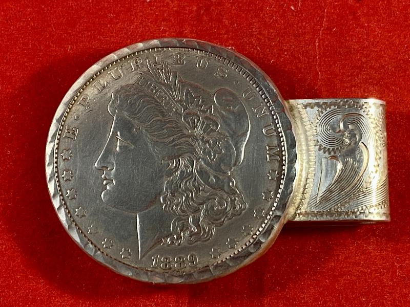 Ornately Engraved Sterling Silver “1899 Dollar” Money Clip by Native American Designer Morgan Smith