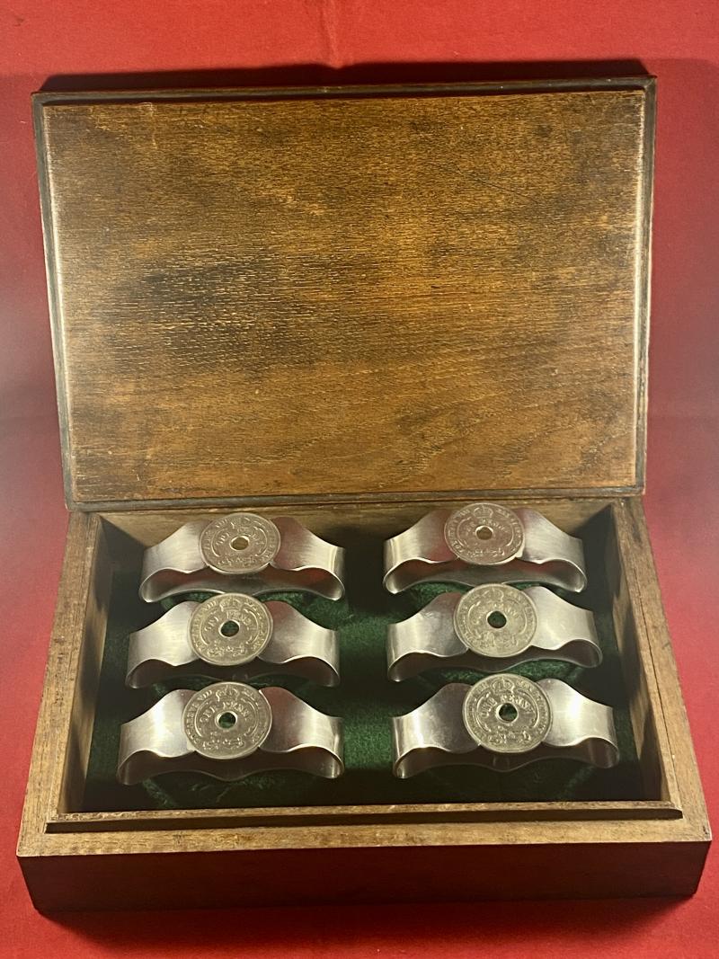 Unusual Set of Six Edward VIII and Royal Navy Related Napkin Rings in Fitted Wooden Case c1936