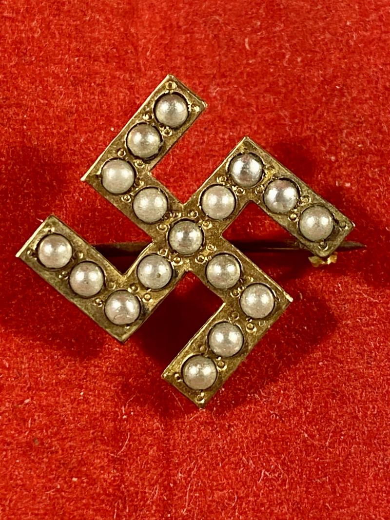 Antique Swastika Brooch made with Seed Pearls Set in Gilt Metal by Plainville Stock Company USA c1890