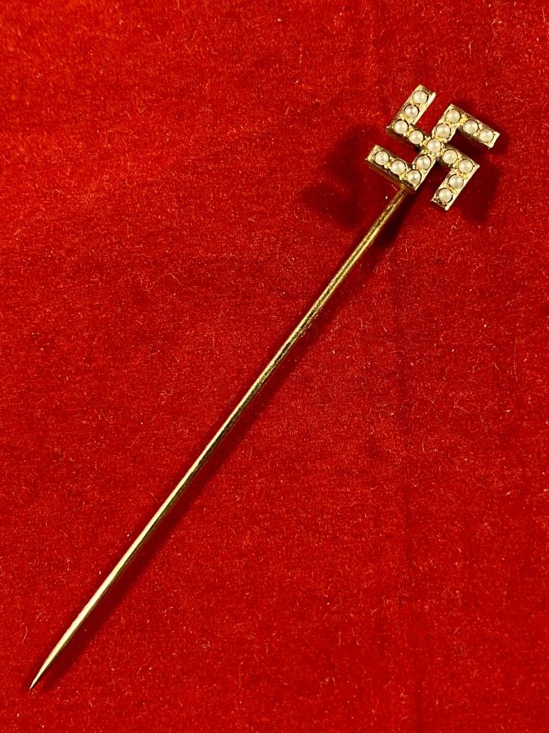Antique Swastika Stickpin made with Seed Pearls Set in Gilt Metal by Plainville Stock Company USA c1890