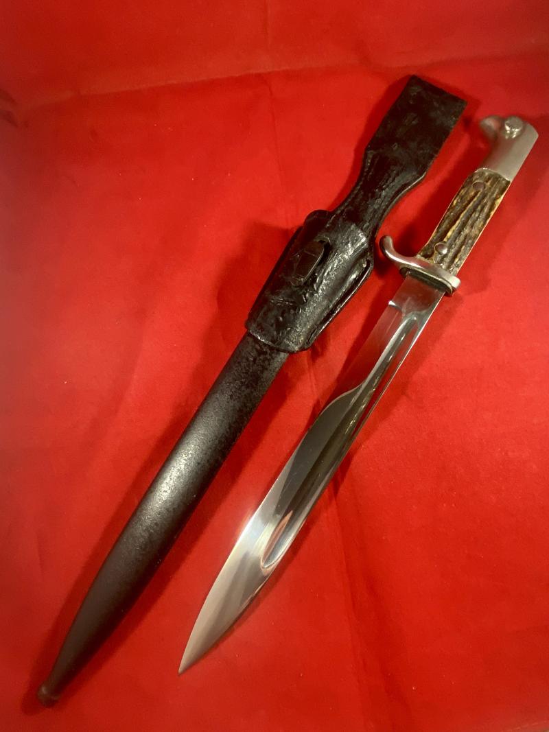 WW2 German K-98 Dress Bayonet by E. Pack & Sohne with Stag Grip and Black Leather Frog