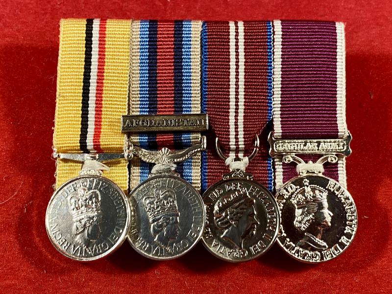 Four Court Mounted Miniature British Medals and Ribbons - Iraq, OSM Afghanistan, Diamond Jubilee and British Army LS&GC