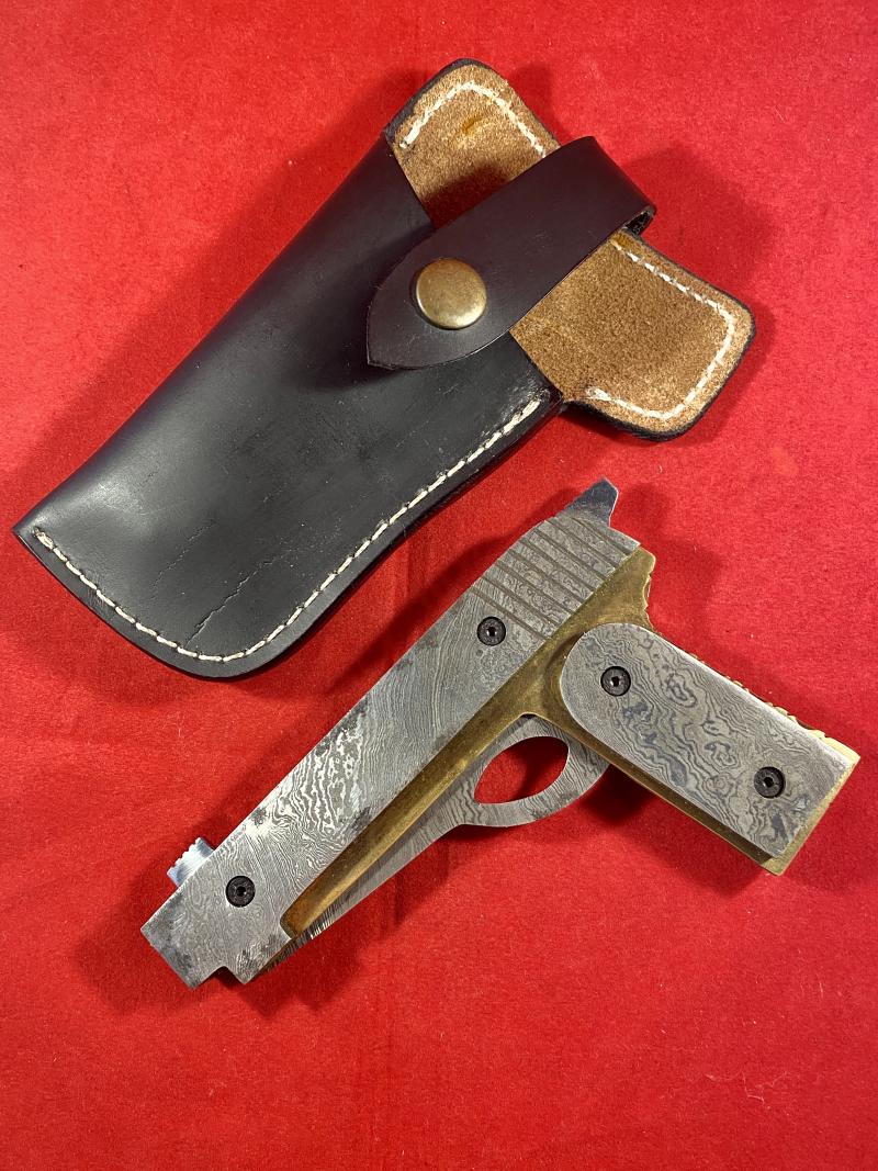 Custom Pistol Shaped Damascus Folding Knife by Mr Koobi with Belt Holster