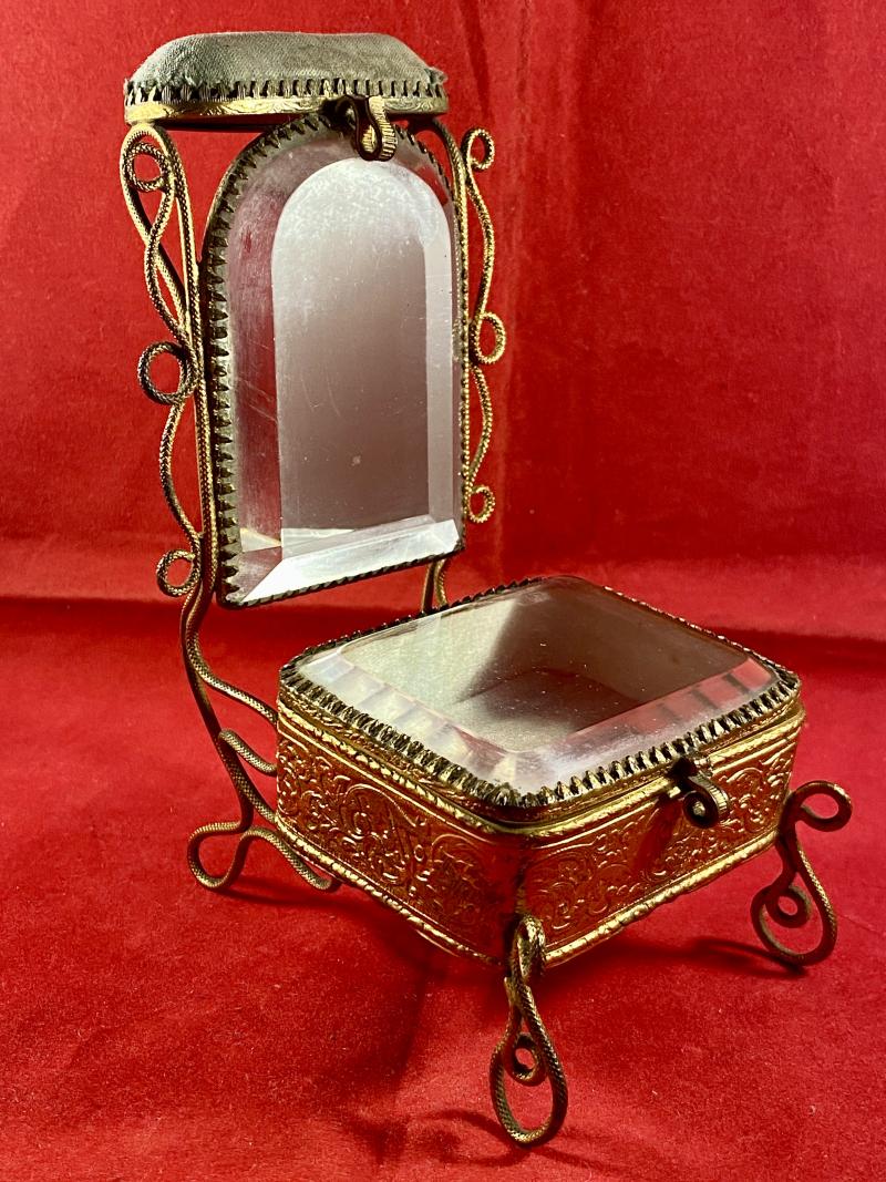 Antique French Bevelled Glass and Gilt Repoussé Silk Lined Trinket Casket and Pocket Watch Stand with Stick Pin Cushion c1880