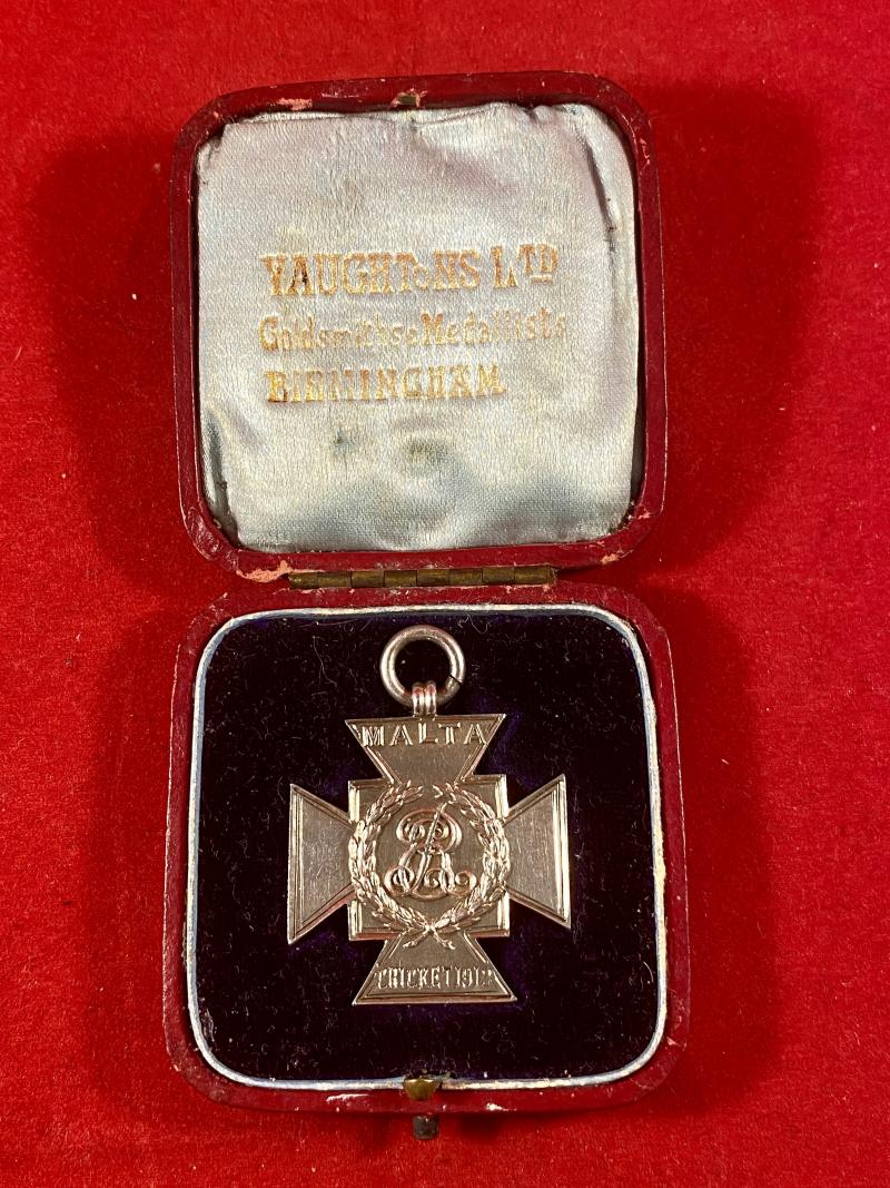 Cased Royal Engineers English Hallmarked Solid Silver Maltese Cross Medal by Vaughtons Ltd - Cricket in Malta 1912